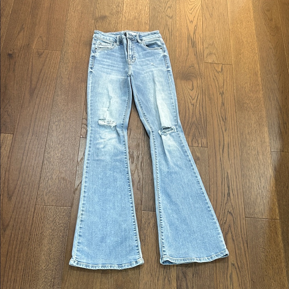 Women's Light Blue Flared Jeans, high rise. Great stretch, worn once